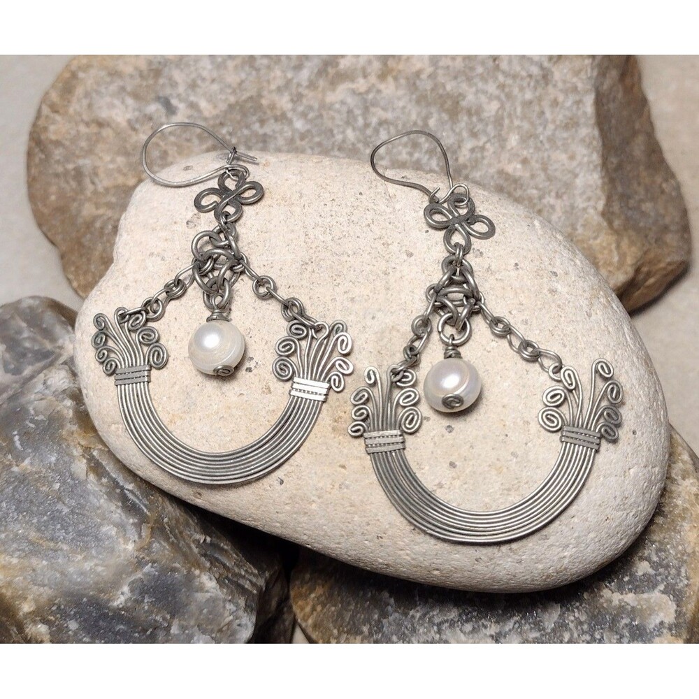 Vintage Silver Wire Wrap Cultured Pearl Dangle Earrings